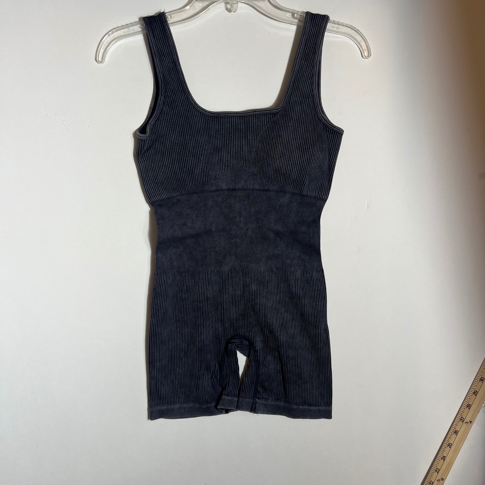 Zenana‎ Mineral Wash Ribbed Romper Charcoal Gray Square Neck NPW-6213A L/XL